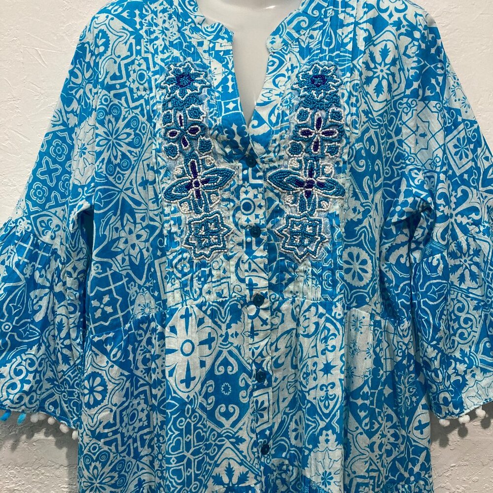 Siya Button up Dress Tiered Floral Beaded Pom Pom Hem Boho Cottagecore Blue L? - Picture 4 of 15